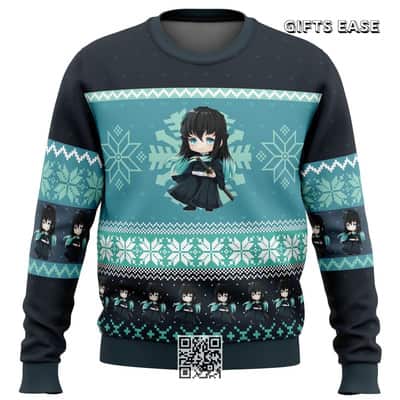 Chibi Muichiro Tokito Demon Slayer Ugly Christmas Sweater Snowflake Pattern
