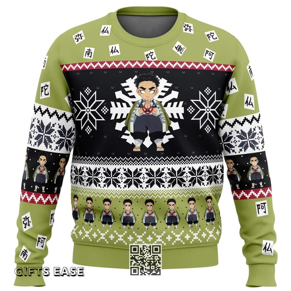 Chibi Gyomei Himejima Demon Slayer Ugly Christmas Sweater Snowflake Pattern Chibi Gyomei Himejima Demon Slayer Ugly Christmas Sweater Snowflake Pattern
