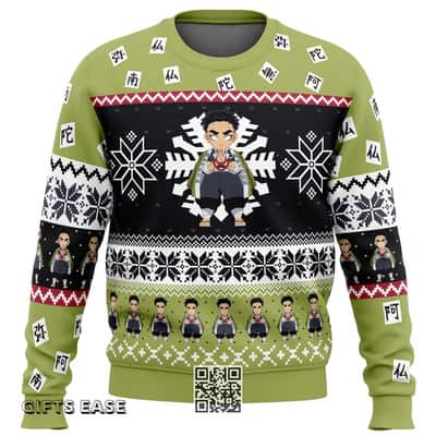 Chibi Gyomei Himejima Demon Slayer Ugly Christmas Sweater Snowflake Pattern