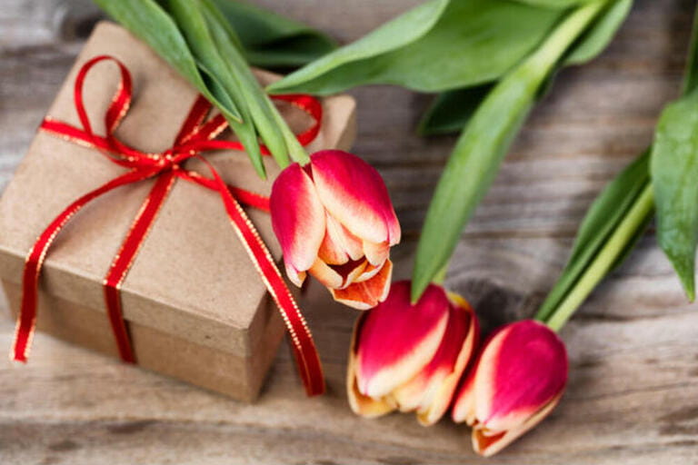 Boxed gift and flowers on stressed wood background Boxed gift and flowers on stressed wood background