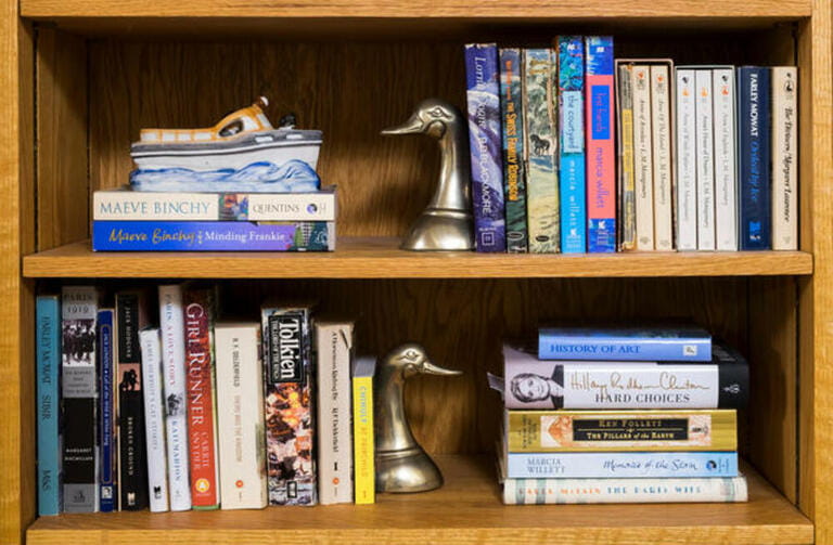 Books on a bookshelf with brass duck bookends. Books on a bookshelf with brass duck bookends.