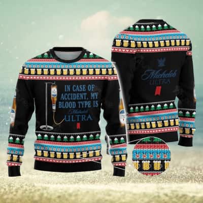 In Case Of Accident My Blood Type Is Michelob Ultra Beer Ugly Christmas Sweater