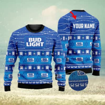 Black Blue Bud Light Beer Ugly Christmas Sweater Custom Name