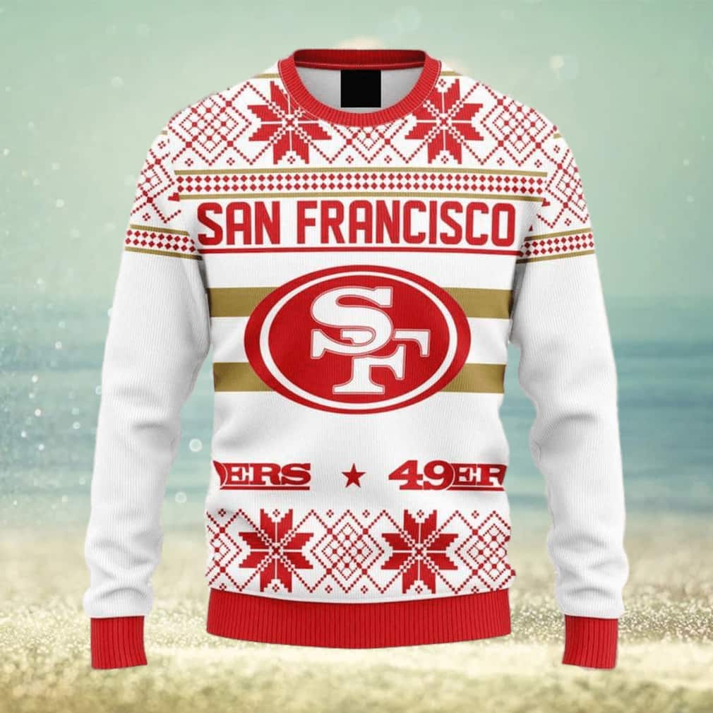 White NFL San Francisco 49ers Ugly Christmas Sweater Snowflakes Pattern White NFL San Francisco 49ers Ugly Christmas Sweater Snowflakes Pattern