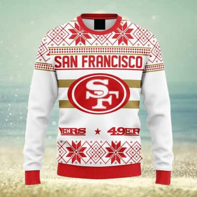 White NFL San Francisco 49ers Ugly Christmas Sweater Snowflakes Pattern