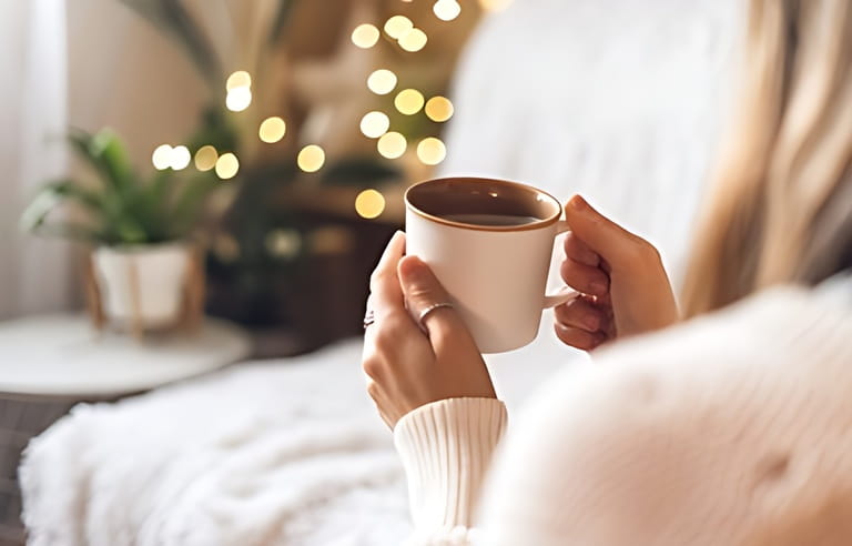 Woman's hands in sweater holding cup of hot drink coffee indoors. Still life composition. Woman's hands in sweater holding cup of hot drink coffee indoors. Still life composition.