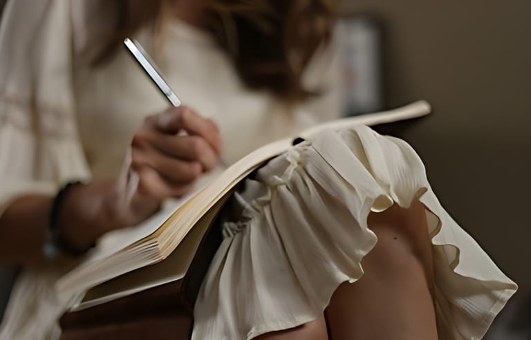Woman in a white dress sits and writes in a journal. Woman in a white dress sits and writes in a journal.