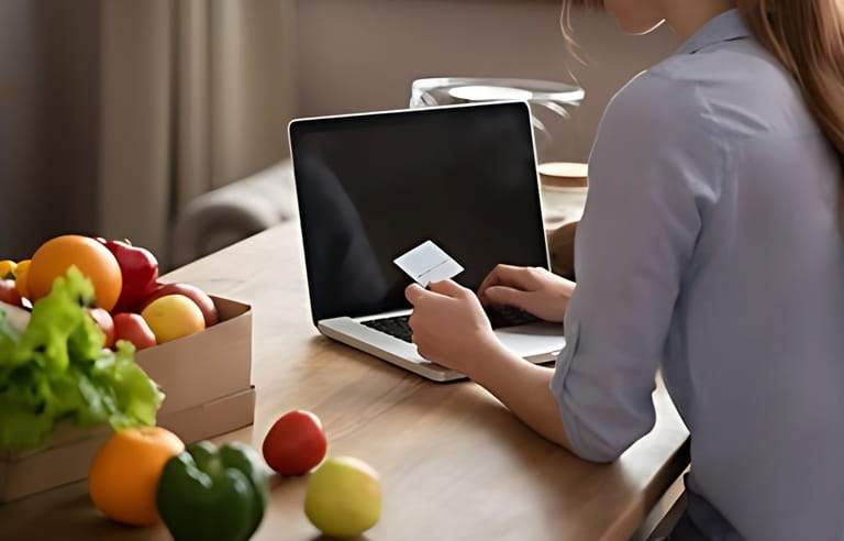 Payment by card. Girl in grey homewear holding a credit card in her hand and paying online Payment by card. Girl in grey homewear holding a credit card in her hand and paying online