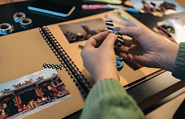 Middle-aged woman's hands holding a roll of washi tape that she is going to use to paste a photo onto her handmade kraft travel album. The sign says the word temple in Thai languaje. Middle-aged woman's hands holding a roll of washi tape that she is going to use to paste a photo onto her handmade kraft travel album. The sign says the word temple in Thai languaje.