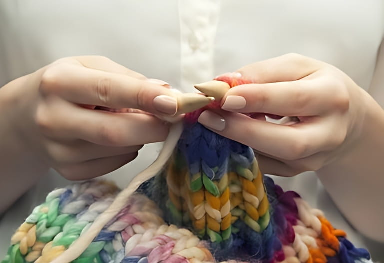 Knitting a colorful scarf, closeup of the hands Knitting a colorful scarf, closeup of the hands