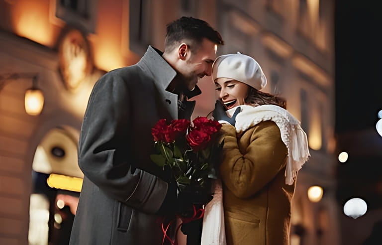 Man giving his amazed girlfriend bunch of red roses on Valentine's Day Man giving his amazed girlfriend bunch of red roses on Valentine's Day