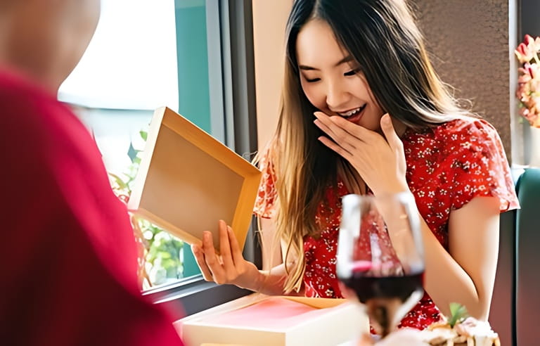 Excited surprise asian woman on red dress opening the present gift box that she got it from her boyfriend. Excited surprise asian woman on red dress opening the present gift box that she got it from her boyfriend.