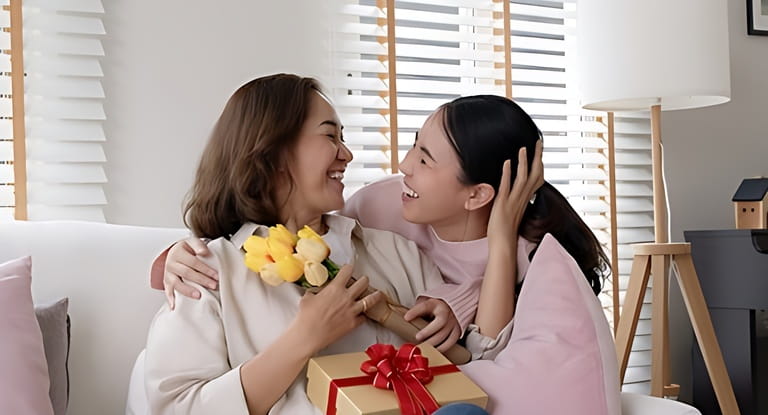 Attractive beautiful asian middle age mum sit with grown up daughter give gift box and flower in family moment celebrate mother day. Overjoy bonding cheerful kid embrace relationship with retired mom.