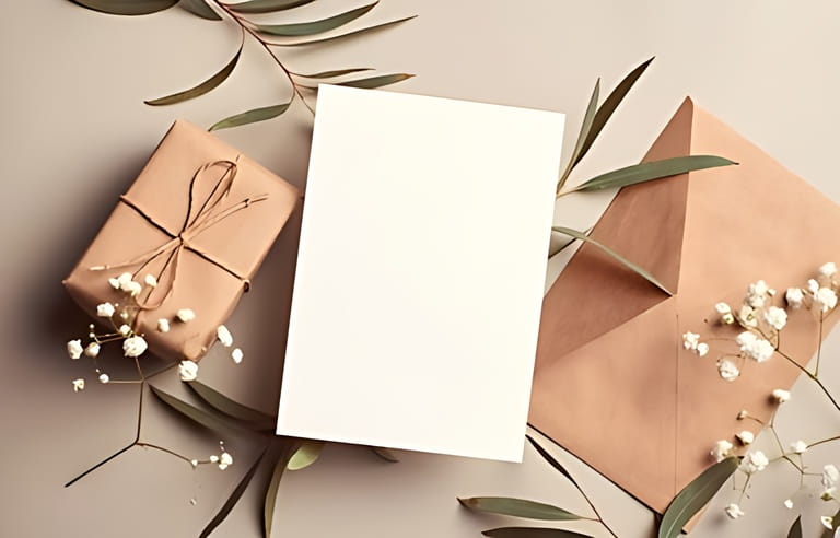 Greeting card mockup with gift box, envelope and eucalyptus and gypsophila twigs on beige background. 