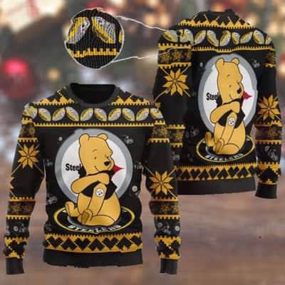 Black Pittsburgh Steelers NFL Ugly Christmas Sweater Cute Winnie-the-Pooh