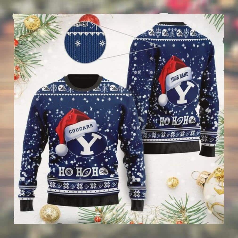 NCAA BYU Cougars Ugly Christmas Sweater Symbol Wearing Santa Hat Ho Ho Ho Custom Name NCAA BYU Cougars Ugly Christmas Sweater Symbol Wearing Santa Hat Ho Ho Ho Custom Name