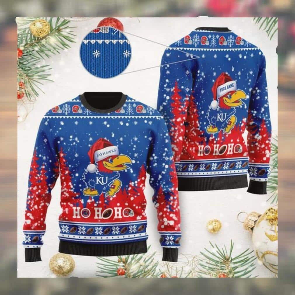 NCAA Kansas Jayhawks Ugly Christmas Sweater Ho Ho Ho Custom Name NCAA Kansas Jayhawks Ugly Christmas Sweater Ho Ho Ho Custom Name