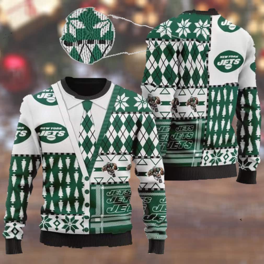 New York Jets NFL Ugly Christmas Sweater Snowflakes Pine Tree New York Jets NFL Ugly Christmas Sweater Snowflakes Pine Tree