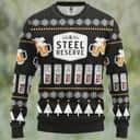 Black Steel Reserve Beer Ugly Christmas Sweater Snowflakes Pine Trees