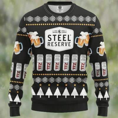 Black Steel Reserve Beer Ugly Christmas Sweater Snowflakes Pine Trees