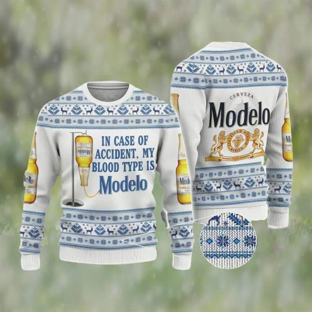 In Case Of Accident My Blood Type Is Modelo Beer Ugly Christmas Sweater In Case Of Accident My Blood Type Is Modelo Beer Ugly Christmas Sweater