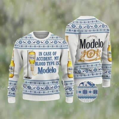 In Case Of Accident My Blood Type Is Modelo Beer Ugly Christmas Sweater