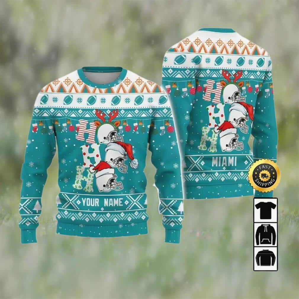 NFL Miami Dolphins Ugly Christmas Sweater Ho Ho Ho Custom Name NFL Miami Dolphins Ugly Christmas Sweater Ho Ho Ho Custom Name