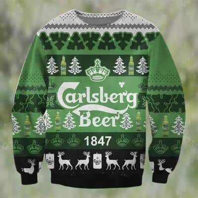 Green Carlsberg Beer 1847 Ugly Christmas Sweater Reindeer Pine Tree