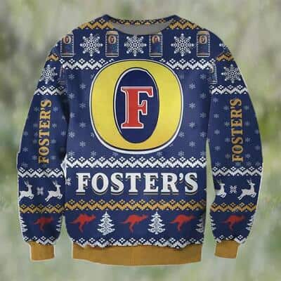Blue Fosters Beer Ugly Christmas Sweater Snowflakes Pine Trees