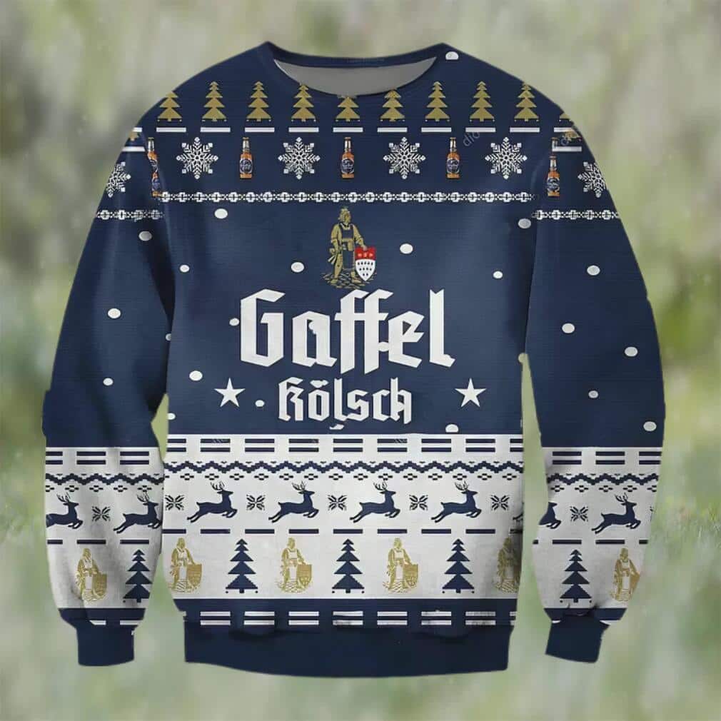 Gaffel Kolsch Beer Ugly Christmas Sweater Snowflakes Pine Trees Gaffel Kolsch Beer Ugly Christmas Sweater Snowflakes Pine Trees