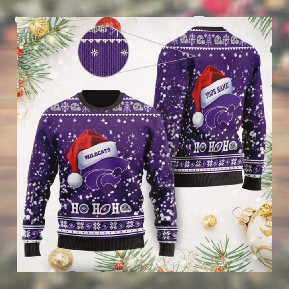 NCAA Kansas State Wildcats Ugly Christmas Sweater Ho Ho Ho Custom Name NCAA Kansas State Wildcats Ugly Christmas Sweater Ho Ho Ho Custom Name