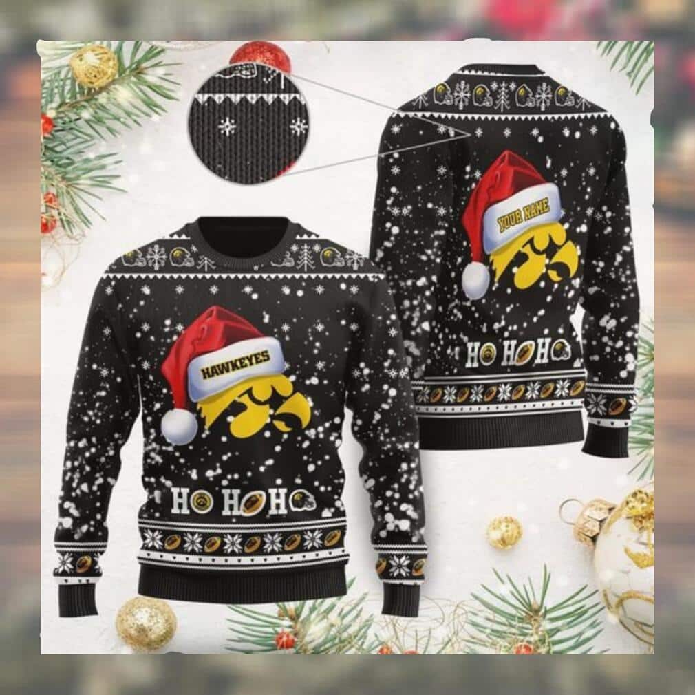 Black NCAA Iowa Hawkeyes Ugly Christmas Sweater Ho Ho Ho Custom Name Black NCAA Iowa Hawkeyes Ugly Christmas Sweater Ho Ho Ho Custom Name