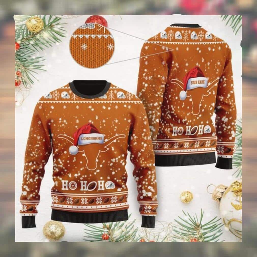 NCAA Texas Longhorns Ugly Christmas Sweater Ho Ho Ho Custom Name NCAA Texas Longhorns Ugly Christmas Sweater Ho Ho Ho Custom Name
