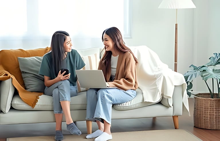 Two woman communicate with their friends and classmates via video link using a laptop and smartphone in the living room. Friends, friendship, time together Two woman communicate with their friends and classmates via video link using a laptop and smartphone in the living room. Friends, friendship, time together