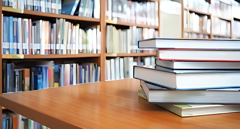 Books stacked on wooden table and blurred bookshelf in library room, education background, back to school concept