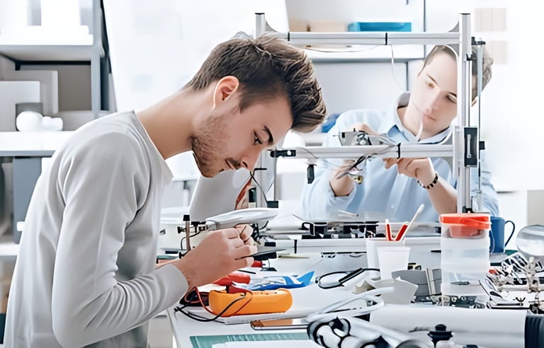 Engineering students working in the lab, one student is using a voltage and current tester, another student in the background is using a 3D printer Engineering students working in the lab, one student is using a voltage and current tester, another student in the background is using a 3D printer