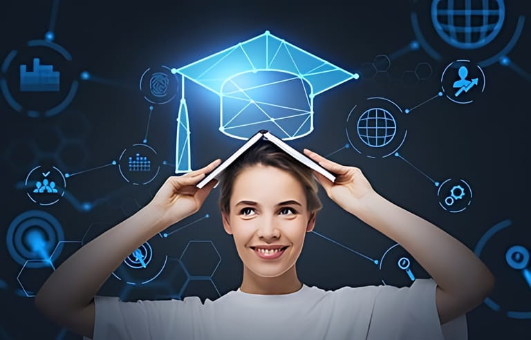 Smiling businesswoman holding an open book on her head and pondering about educational prospective in future career, master degree programs in business administration, postgraduate level. Smiling businesswoman holding an open book on her head and pondering about educational prospective in future career, master degree programs in business administration, postgraduate level.