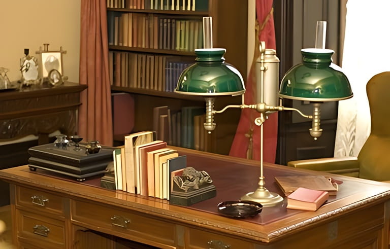Classic oil lamp on antique office desk in historic George Brown House, Toronto, Ontario, Canada Classic oil lamp on antique office desk in historic George Brown House, Toronto, Ontario, Canada