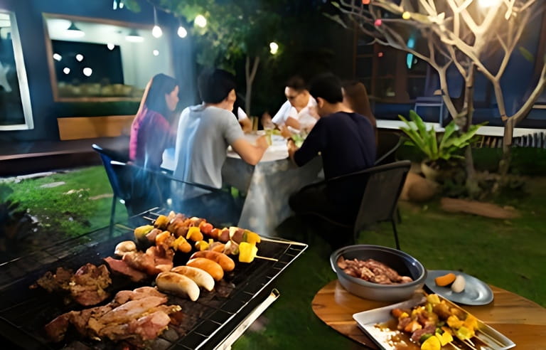Dinner party, barbecue and pork roast at night Dinner party, barbecue and pork roast at night