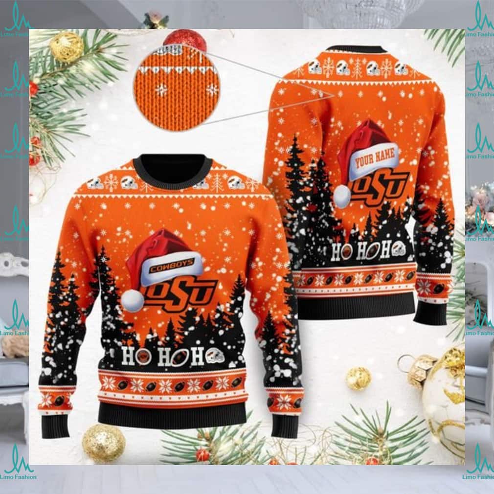 NCAA Oklahoma State Cowboys Ugly Christmas Sweater Ho Ho Ho Custom Name NCAA Oklahoma State Cowboys Ugly Christmas Sweater Ho Ho Ho Custom Name