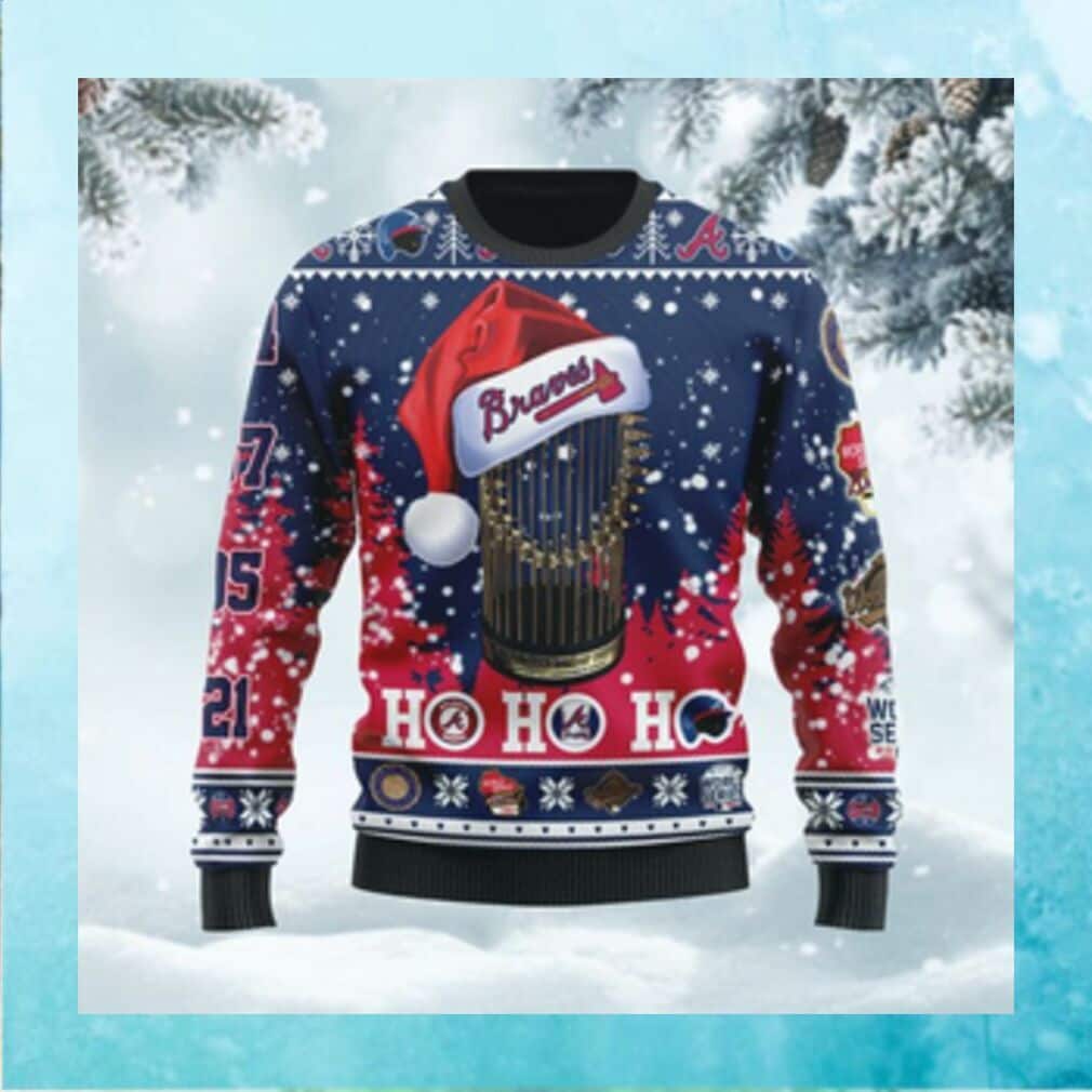 MLB Atlanta Braves Ugly Christmas Sweater World Series Champions Ho Ho Ho Custom Name MLB Atlanta Braves Ugly Christmas Sweater World Series Champions Ho Ho Ho Custom Name
