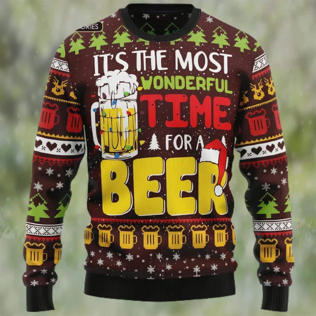 Brown Funny It's The Most Wonderful Time For A Beer Ugly Christmas Sweater
