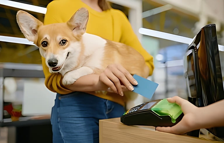 Closeup woman paying for purchase at pet shop using credit card Closeup woman paying for purchase at pet shop using credit card