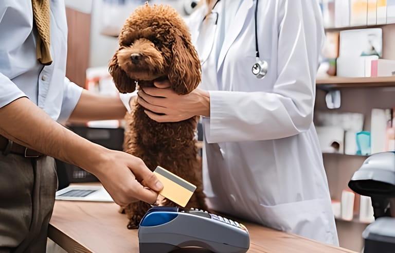 Cropped view of man paying with credit card near poodle and veterinarian in pet shop Cropped view of man paying with credit card near poodle and veterinarian in pet shop