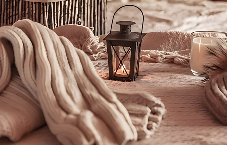 Knitted sweater, lantern with candle on beige knitted blanket. Comfort and care, cozy home concept Knitted sweater, lantern with candle on beige knitted blanket. Comfort and care, cozy home concept