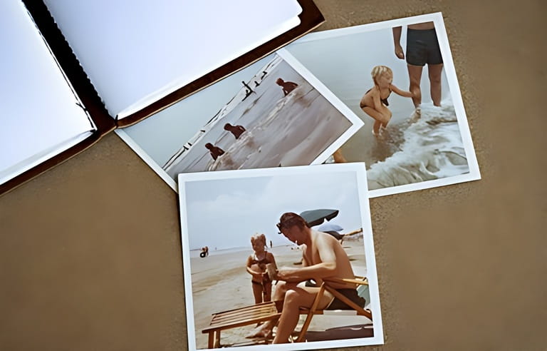 Old photo albums and pictures from the early 1970s of the family at a beach on a bulletin board. Old photo albums and pictures from the early 1970s of the family at a beach on a bulletin board.