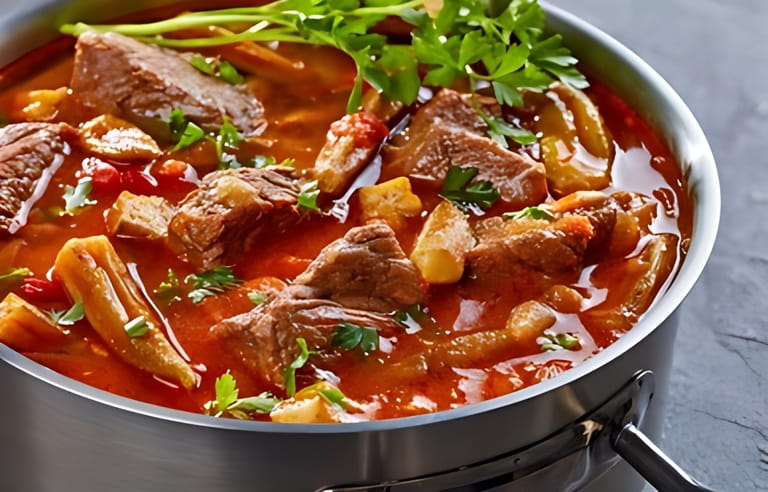 overhead view of hearty Beef and Okra Stew in a metal casserole on a concrete table, view from above, close-up overhead view of hearty Beef and Okra Stew in a metal casserole on a concrete table, view from above, close-up