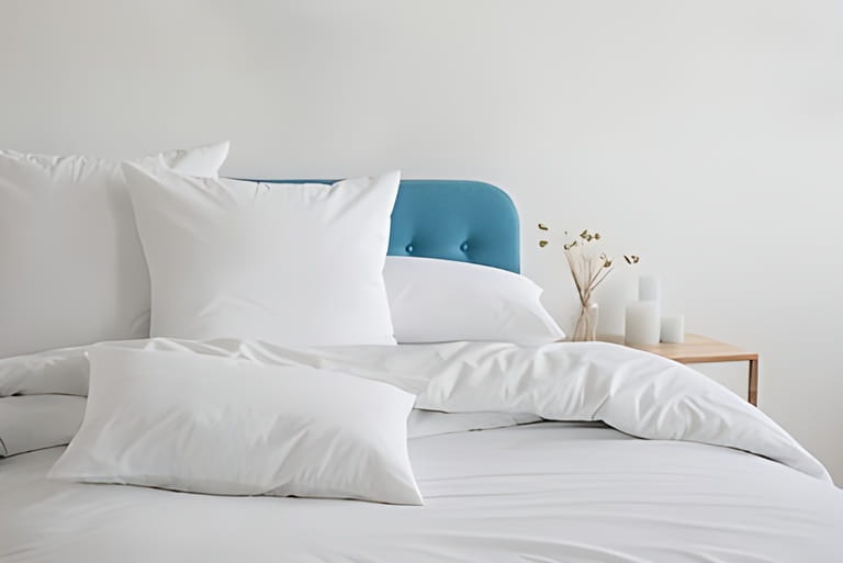White pillow, blanket and duvet cover on blue bed. White bedspread on blue sofa. The bedroom has a bed and a bed. Messy bed. Front White pillow, blanket and duvet cover on blue bed. White bedspread on blue sofa. The bedroom has a bed and a bed. Messy bed. Front