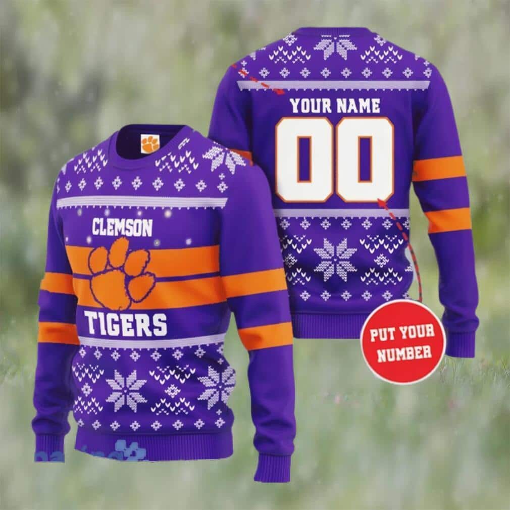 Purple NCAA Clemson Tigers Ugly Christmas Sweater Custom Name And Number Purple NCAA Clemson Tigers Ugly Christmas Sweater Custom Name And Number