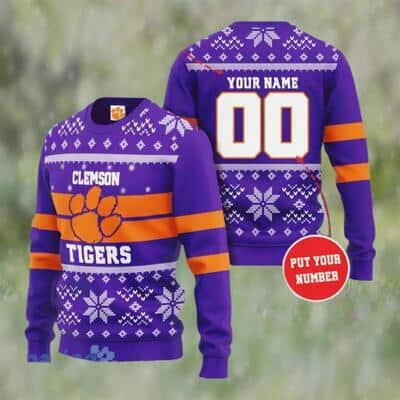 Purple NCAA Clemson Tigers Ugly Christmas Sweater Custom Name And Number